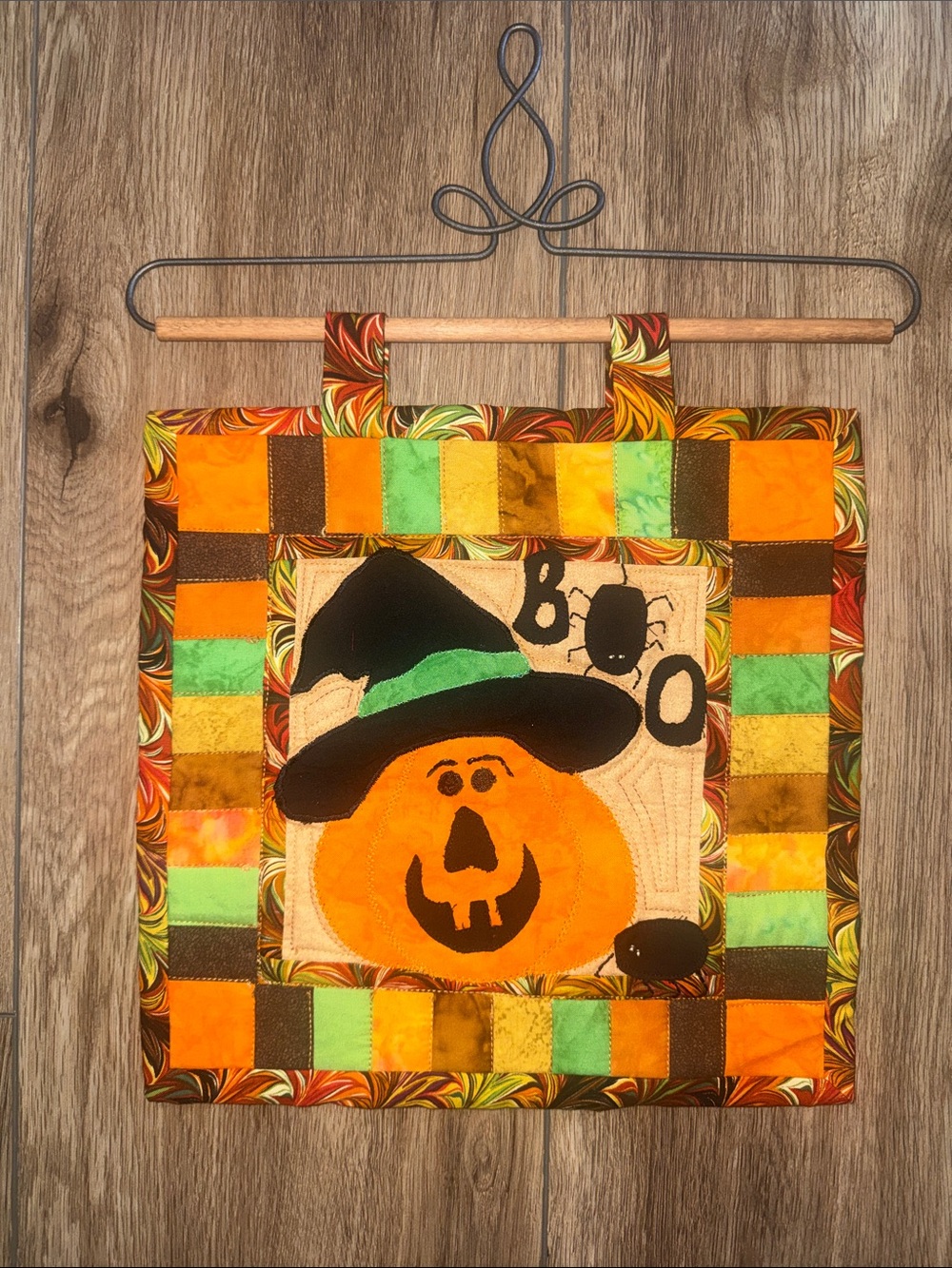 Halloween Pumpkin Wall Hanging - Orange & Green Patchwork 12 inches
